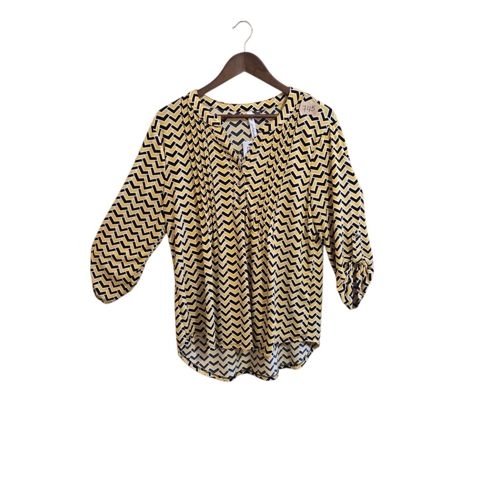 NY Collection Women's Blouse SZ LG 3/4 Sleeve Black And Yellow‎ Herringbone NWT